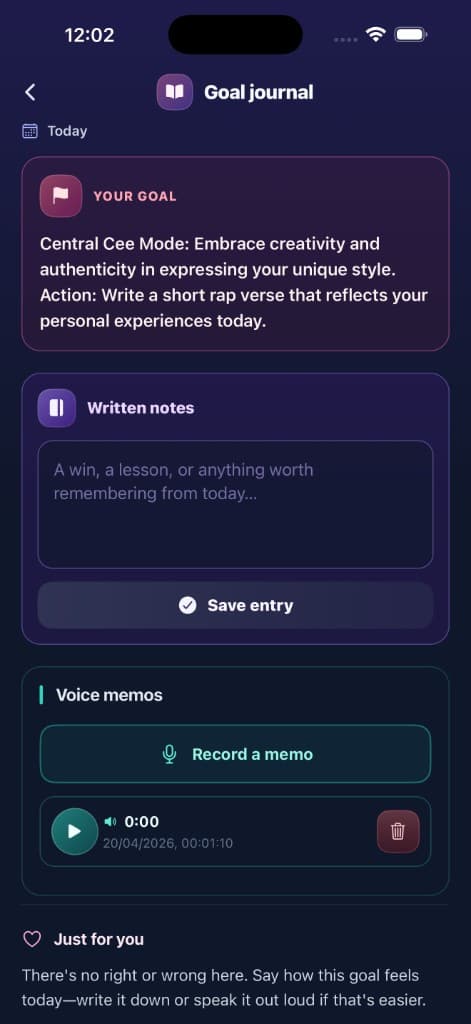 Goal journal with written notes and voice memos